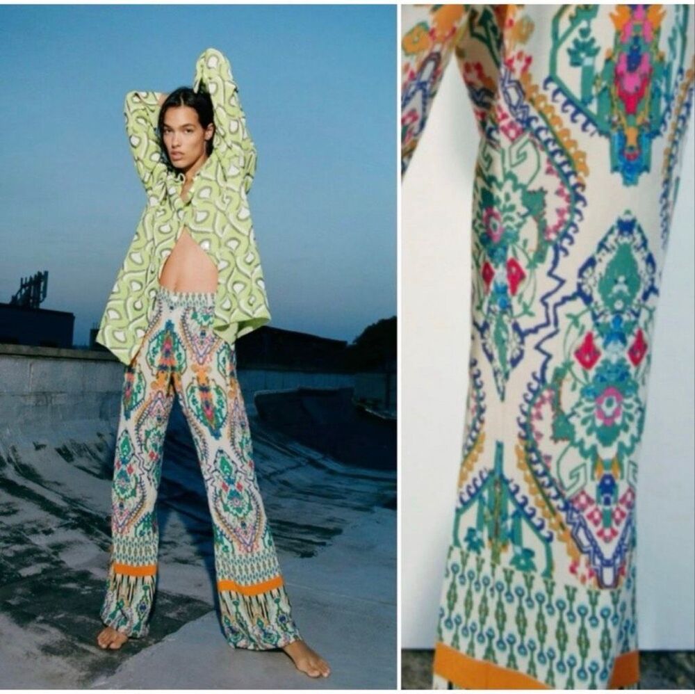 Zara printed wide-leg boho multicolor geometric and paisley pattern pants Blogge